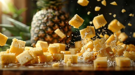  Wooden cutting board with diced pineapples, two pineapples in front