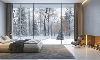 Poster - of modern bedroom interior with comfortable bed and armchair placed on carpet near panoramic window overlooking winter trees in apartment