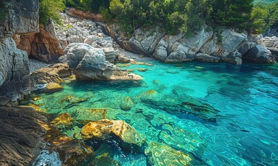 Wall Mural - Turquoise water and rocky beach
