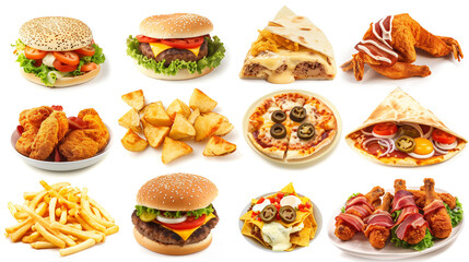 Wall Mural - Big collection of fast food isolated on transparent background. Top view. 