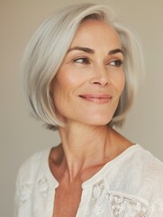 Wall Mural - Graceful woman with bobbed gray hair and sleeveless white top