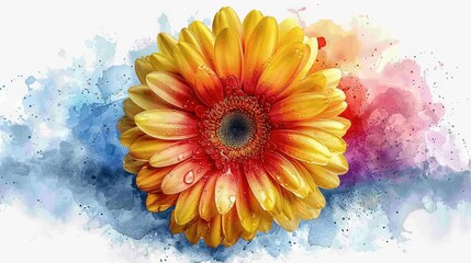 Wall Mural -   A watercolor painting of a vibrant yellow and red flower against a serene blue and pink backdrop, adorned with delicate droplets of water on the petals