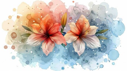Wall Mural -   Two vibrant orange and white flowers painted against a watercolor backdrop of blue and pink, featuring splashes of colorful paint