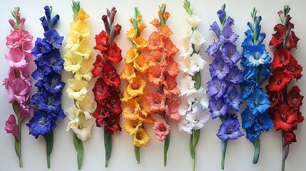 Wall Mural -   A row of colorful flowers on a white wall with a green stem in the center of the row