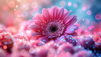 Wall Mural -  A pink flower rests amidst a sea of pink blooms, bathed in soft light