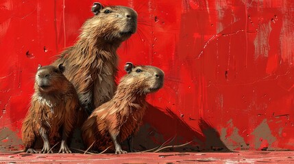 Wall Mural -   A mother groundhog and two baby groundhogs standing in front of a red wall with paint chippings