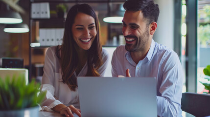 Happy coworkers collaborating on a laptop in a modern office