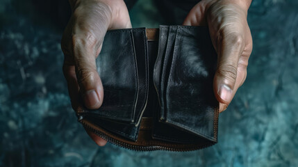 Person holding an empty black leather wallet, illustrating financial struggles, poverty, or bankruptcy with a dark, moody background. Concept of financial hardship