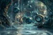 © Asaad - A fantasy scene where water flows in spirals around floating orbs, defying gravity