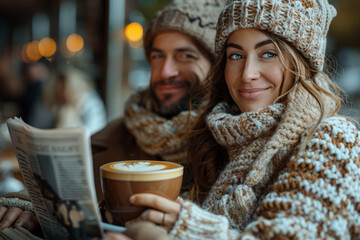 Sticker - A couple enjoying a cozy morning with coffee and newspapers. Concept of simple pleasures and comfort. Generative Ai.