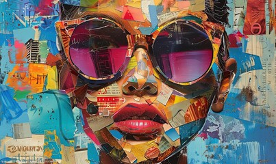 Wall Mural - Mixed-Media colorful portrait of woman in modern sunglasses with different collage elements