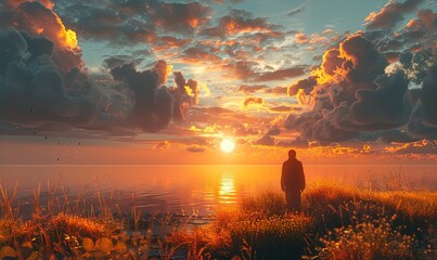 Wall Mural - Lone wanderer witnessing sunrise at the shore