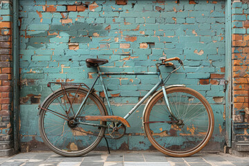 Wall Mural - An old-fashioned bicycle leaning against a brick wall. Concept of vintage transportation and simple pleasures. Generative Ai.