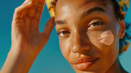 Beauty and protection woman with sunscreen and yellow sun hat enjoying blue sky