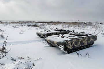 Wall Mural - A frozen tundra with autonomous tanks camouflaged against the snow