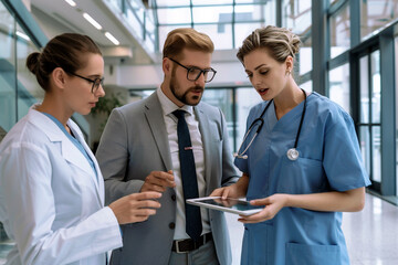 A pharmaceutical sales representative, dressed in a formal suit with a tie and glasses, presents new medication to two healthcare professionals in a modern medical building.