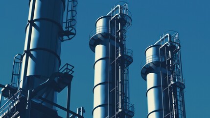 Industrial plant with three towering columns against a clear blue sky