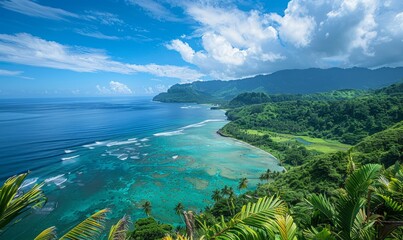 Wall Mural - A beautiful view of the ocean and mountains with a lush green forest in the background