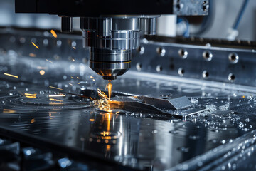 Poster - A machine is cutting a piece of metal with sparks flying