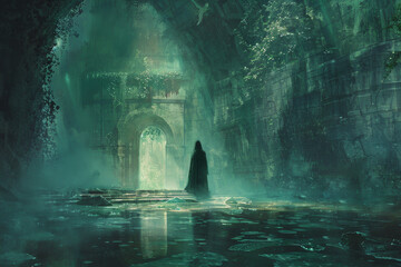 Wall Mural - A man stands in a dark, damp cave with a greenish tint