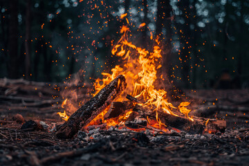 Canvas Print - A pile of wood is burning in a fire pit