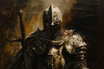 A knight is shown in a painting, holding a sword and wearing a helmet