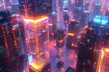 Canvas Print - A futuristic, virtual cityscape with glowing, iridescent skyscrapers and levitating transportation pods. virtual city, glowing skyscrapers