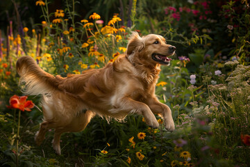 Wall Mural - A golden retriever is running through a field of flowers