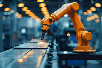 Poster - A robot is working on a metal piece, with sparks flying from its mouth