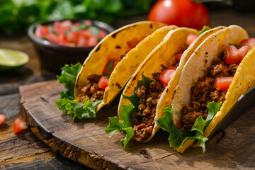 Wall Mural - Three tacos with meat and lettuce on a wooden table