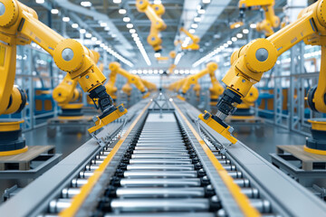 Poster - A factory with robots on a conveyor belt