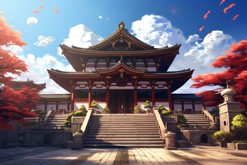 Illustration of an asian temple with red trees against a picturesque blue sky with fluffy clouds