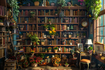 A room with a large bookcase filled with books and potted plants