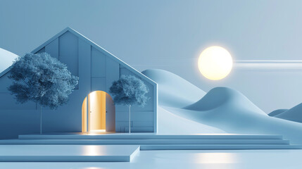 Poster - A house with a large archway is lit up by the sun
