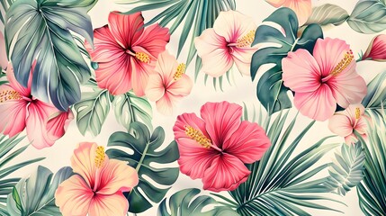 Sticker - Tropical pattern seamless floral design with leaves and flowers. Background summer nature decorative exotic plant palm. Jungle art spring texture, abstract pink colorful hibiscus.