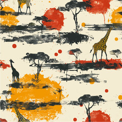 Seamless pattern of safari, giraffes, trees in the savannah 