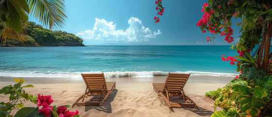 tropical beach with fine white sand and two sun loungers inviting repose, framed by the turquoise waves of the ocean and a sky painted with soft, billowing clouds