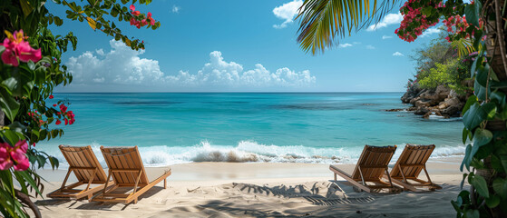 tropical beach with fine white sand and two sun loungers inviting repose, framed by the turquoise waves of the ocean and a sky painted with soft, billowing clouds