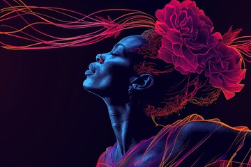 Poster - Vibrant and dynamic digital art of a woman with flowing hair in neon hues and abstract lines creating a futuristic look