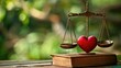 © WACHI - Wooden balance scale with heart and justice symbol on a book in a natural green background, representing love and justice.