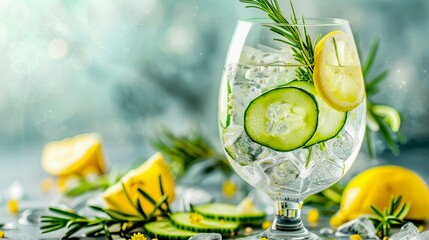 Sticker - Refreshing gin and tonic with cucumber, lemon, and rosemary garnish. Summer cocktail in elegant glass. Light and bright background. Perfect for parties or relaxing evening. AI