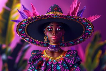 Poster - Bold and vibrant portrait of a woman in traditional attire with a colorful hat and intricate details showcasing cultural pride