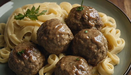 Wall Mural - closeup of swedish meatballs on a plate of pasta