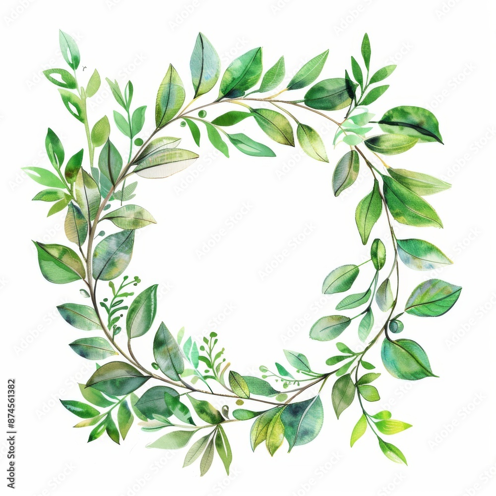 Watercolor wreath of green leaves on a white background. For design of ...