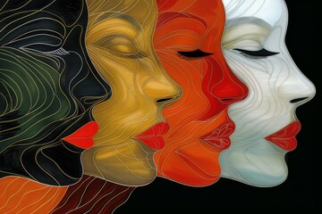 Poster - Artistic and vibrant digital art of multiple faces in profile with colorful wavy lines emphasizing diversity and connection