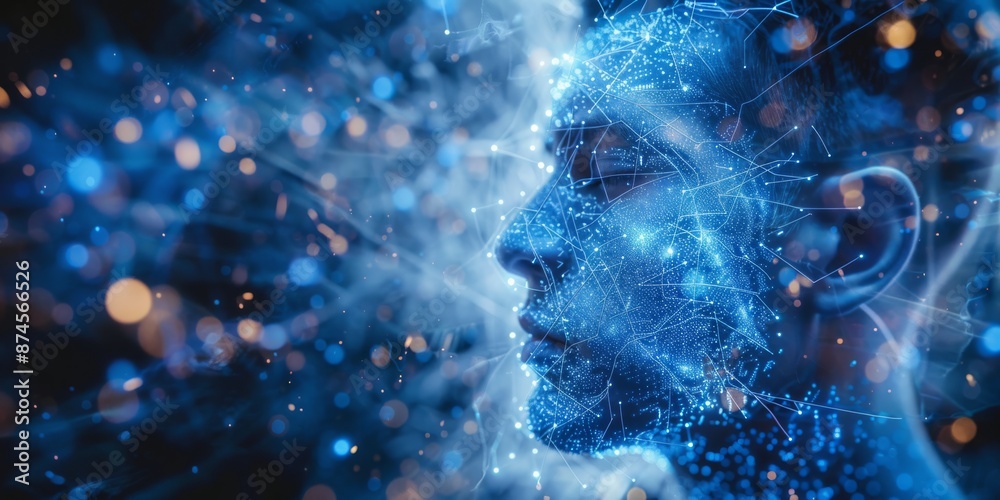 Digital illustration of a human face with blue network and glowing ...