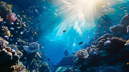 Wall Mural - Beautiful underwater marine life scene with sunlight rays. Vibrant coral reef and schools of fish in a tropical ocean setting. Ideal for nature, environmental, and underwater photography themes. AI.