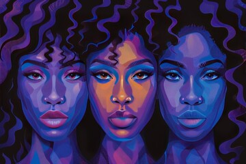 Canvas Print - Three women with diverse hairstyles in vibrant blue and purple tones in a contemporary digital illustration