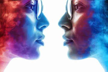 Canvas Print - Dual face profile with red and blue smoke blending in a dramatic digital art piece