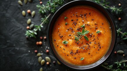 Wall Mural - Delicious Pumpkin Soup with Thyme and Black Pepper